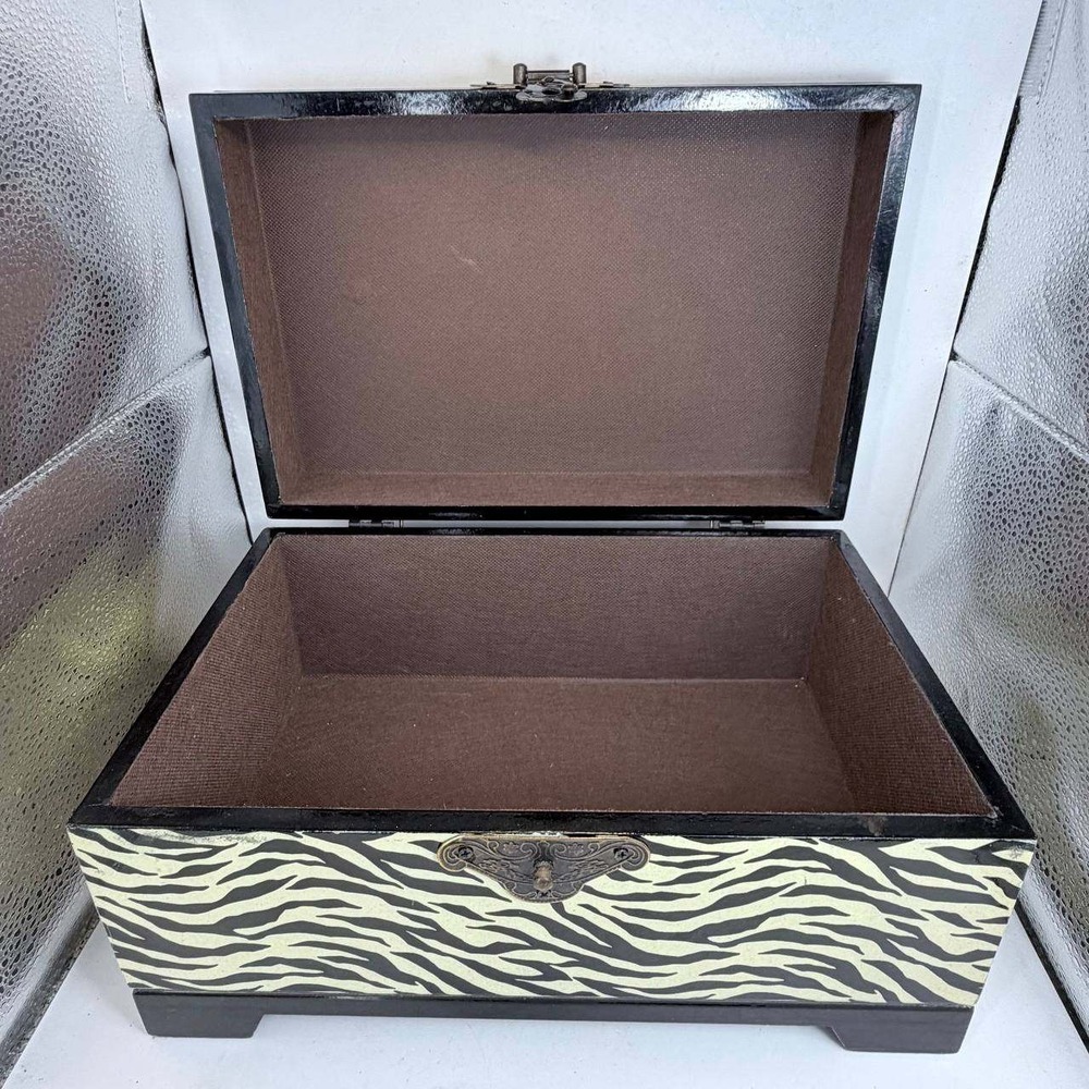 Zebra Print Wooden Jewelry Box Storage Trunk Bronze Latch Glossy Animal Print